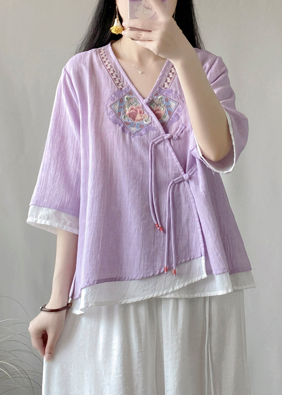 Novelty Purple V Neck Embroideried Patchwork Button Top Long Sleeve