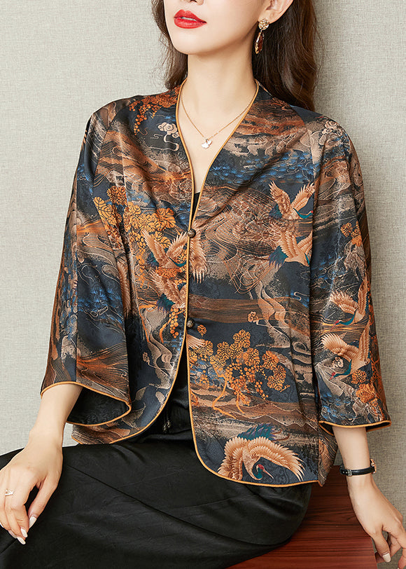 Novelty V Neck Print Button Silk Coats Spring