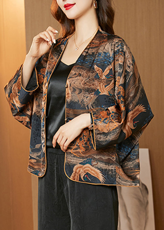 Novelty V Neck Print Button Silk Coats Spring