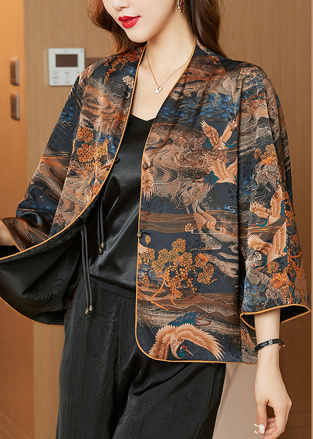 Novelty V Neck Print Button Silk Coats Spring