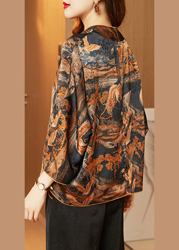 Novelty V Neck Print Button Silk Coats Spring