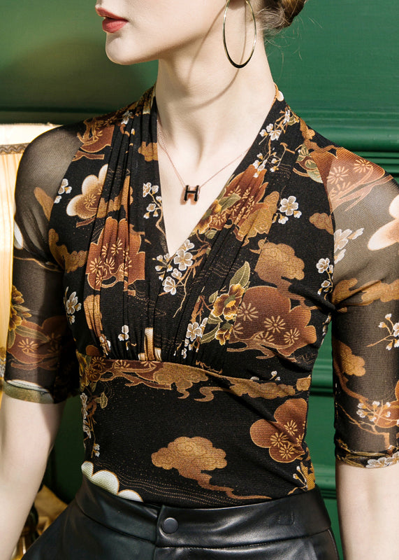 Novelty V Neck Print Tulle Tops Half Sleeve