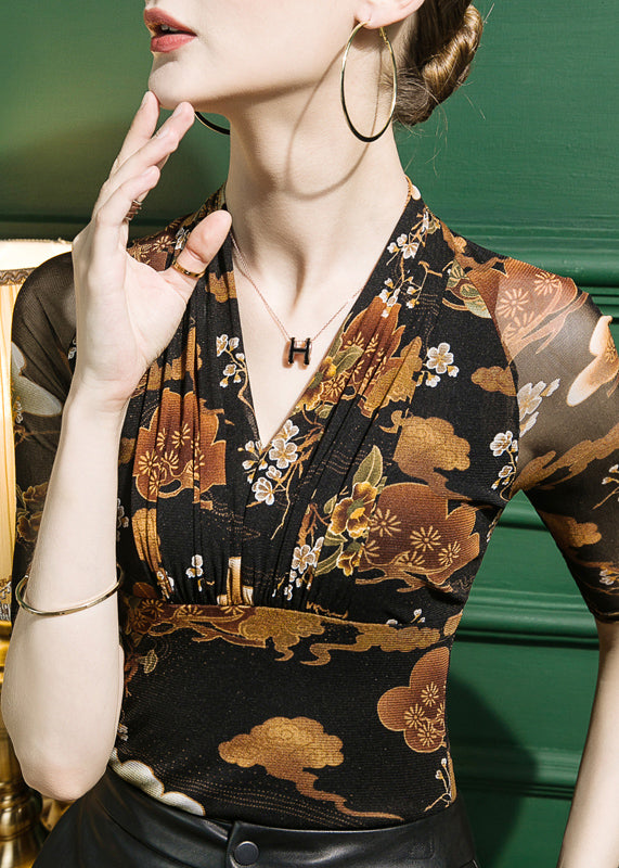 Novelty V Neck Print Tulle Tops Half Sleeve