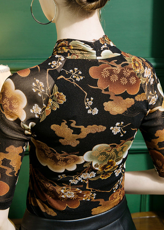 Novelty V Neck Print Tulle Tops Half Sleeve