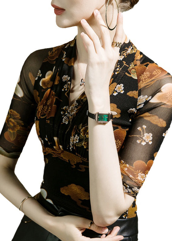 Novelty V Neck Print Tulle Tops Half Sleeve
