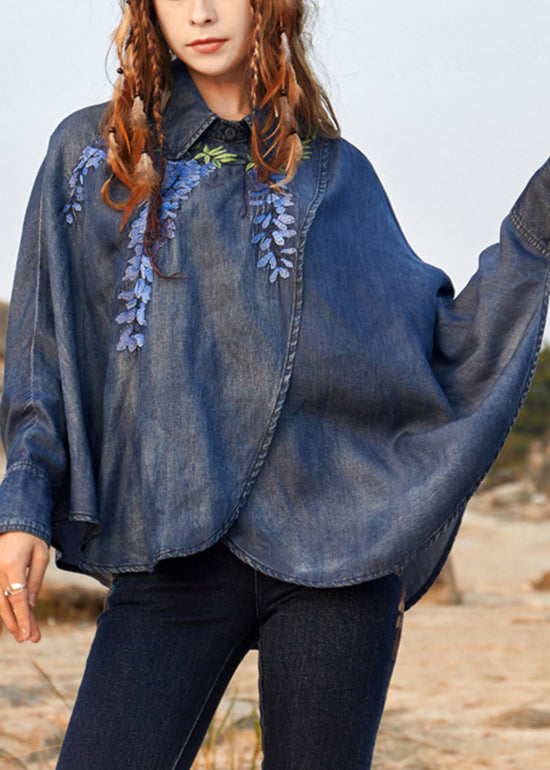 Novelty Denim Blue Asymmetrical Design Peter Pan Collar Embroidered Cotton Top Long Sleeve