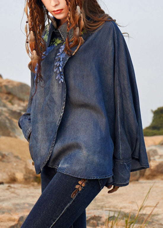 Novelty Denim Blue Asymmetrical Design Peter Pan Collar Embroidered Cotton Top Long Sleeve
