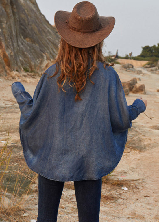 Novelty Denim Blue Asymmetrical Design Peter Pan Collar Embroidered Cotton Top Long Sleeve