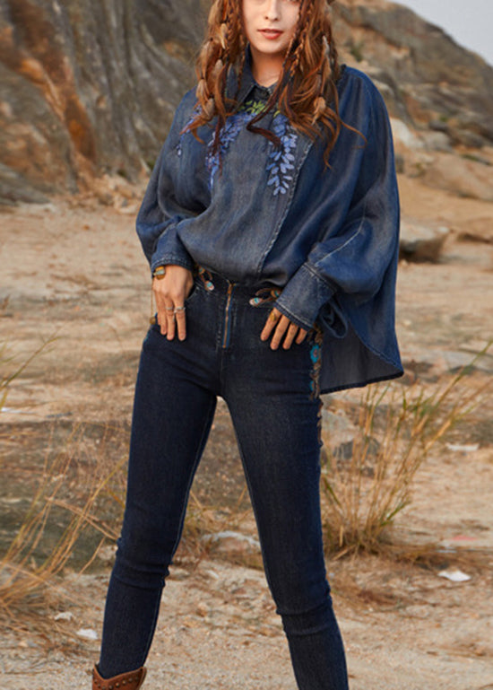 Novelty Denim Blue Asymmetrical Design Peter Pan Collar Embroidered Cotton Top Long Sleeve