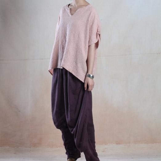 Nude V neck women short top linen summer slounchy shirt blouse cotton - Omychic