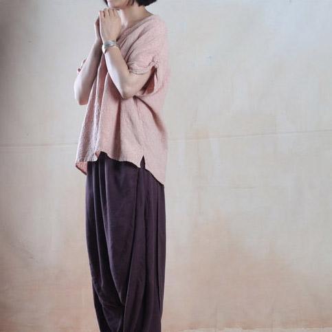 Nude V neck women short top linen summer slounchy shirt blouse cotton - Omychic