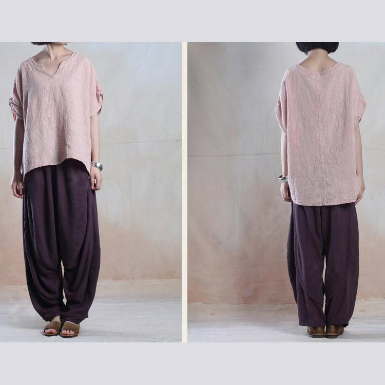 Nude V neck women short top linen summer slounchy shirt blouse cotton - Omychic