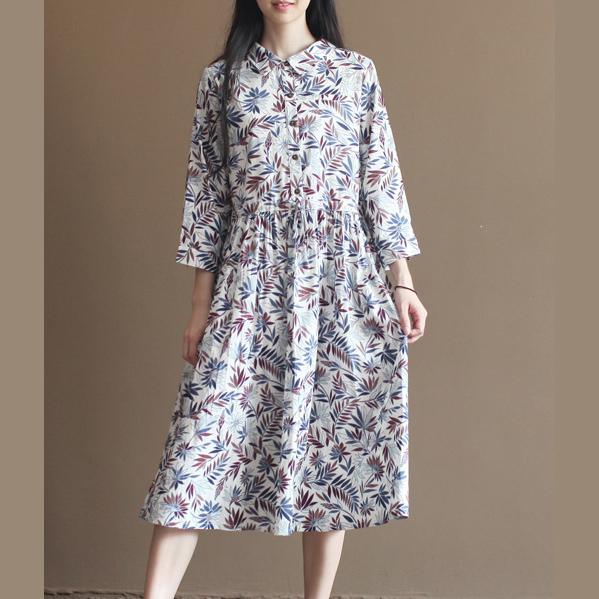 Nude bamboo leaves print pleated dress plus size long cotton dresses - Omychic