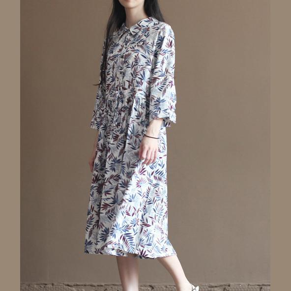 Nude bamboo leaves print pleated dress plus size long cotton dresses - Omychic