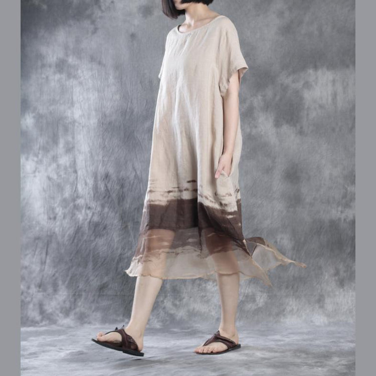 Nude flowy linen dresses long maxi dress silk patchwork - Omychic