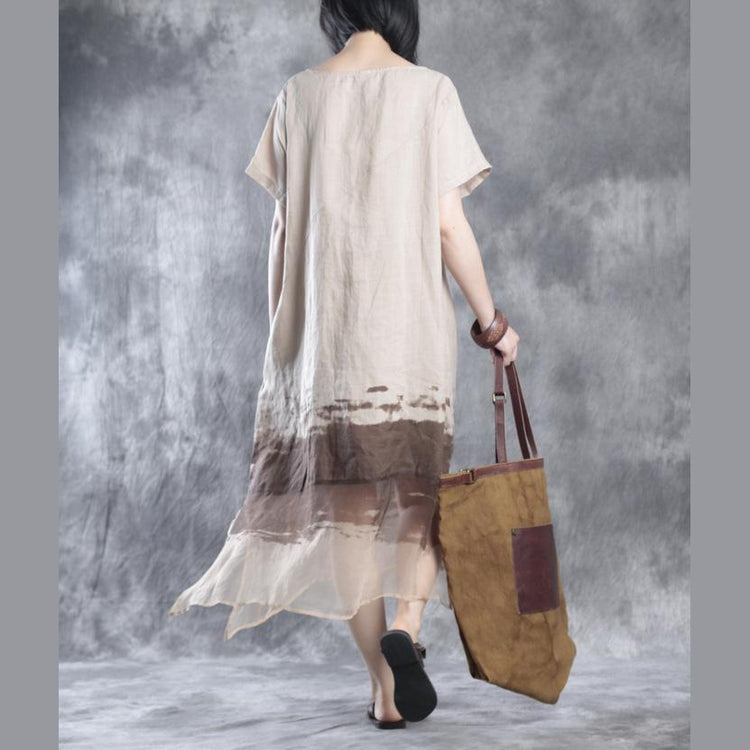 Nude flowy linen dresses long maxi dress silk patchwork - Omychic