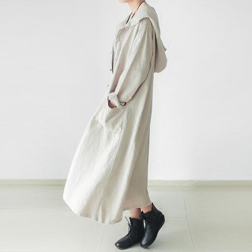 Nude hoodied linen dresses oversize coats caftans Chinese elements cloth buttons - Omychic