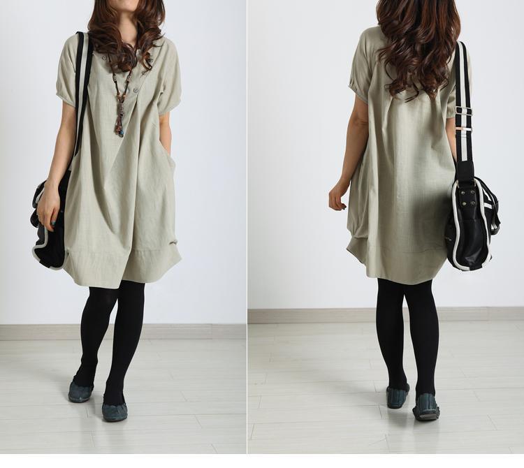 Nude linen dress unique beige oversize cotton summer dress - Omychic
