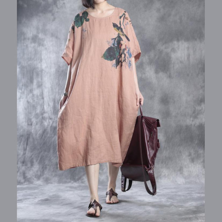 Nude linen dresses floral print  fall - Omychic