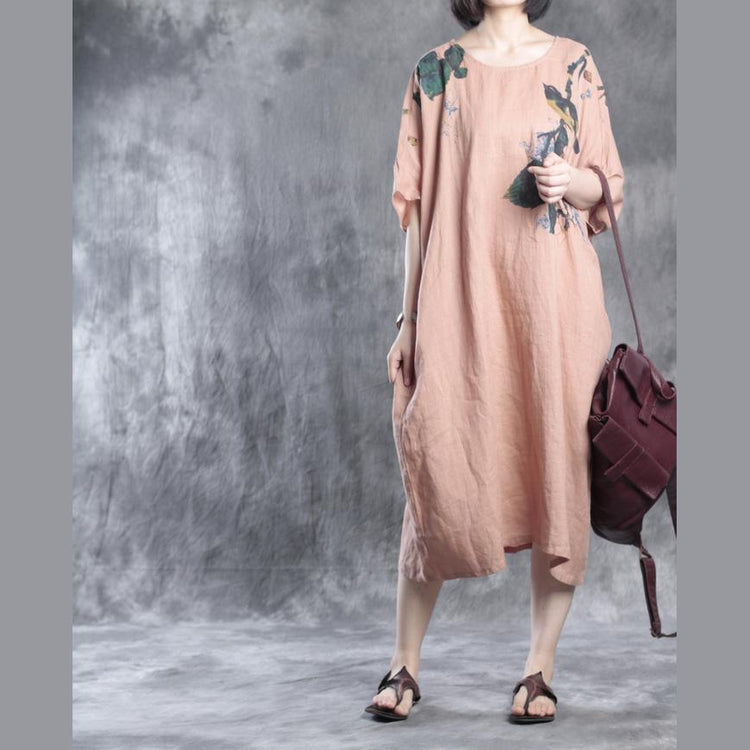 Nude linen dresses floral print  fall - Omychic