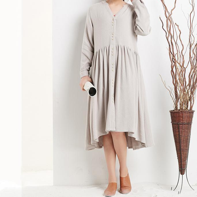 Nude linen dresses long sleeves fit flare sundresses oversize causal shirt dress - Omychic