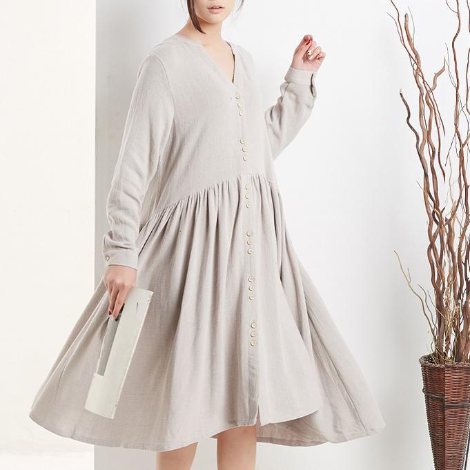 Nude linen dresses long sleeves fit flare sundresses oversize causal shirt dress - Omychic