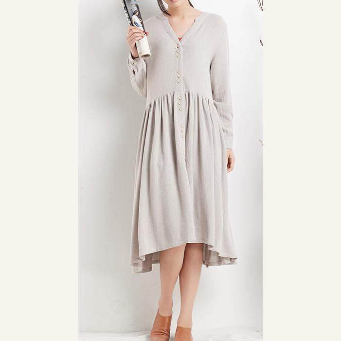 Nude linen dresses long sleeves fit flare sundresses oversize causal shirt dress - Omychic