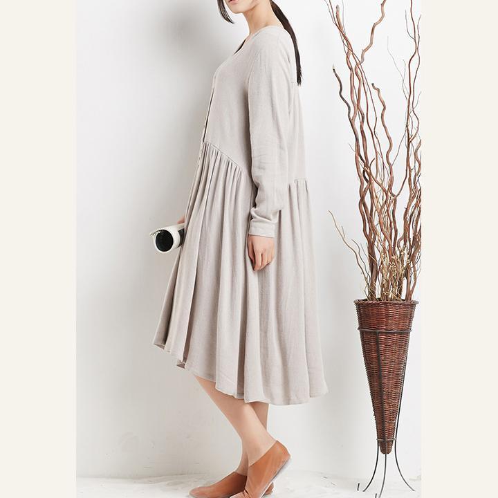 Nude linen dresses long sleeves fit flare sundresses oversize causal shirt dress - Omychic