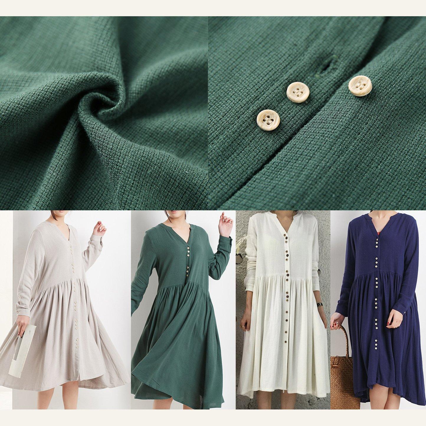 Nude linen dresses long sleeves fit flare sundresses oversize causal shirt dress - Omychic