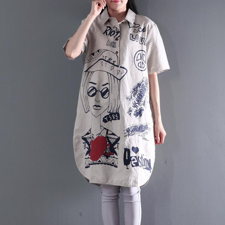 Nude love and peace print summer linen dress casual shift dresses plus size sundress - Omychic