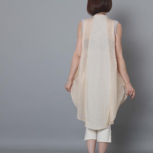 Nude patchwork linen sundress sleevelss cotton holiday summer dress oversize - Omychic