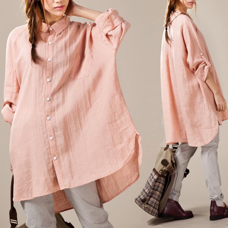 Nude pink buttons back linen dresses oversize linen blouses long sleeve linen shirts - Omychic
