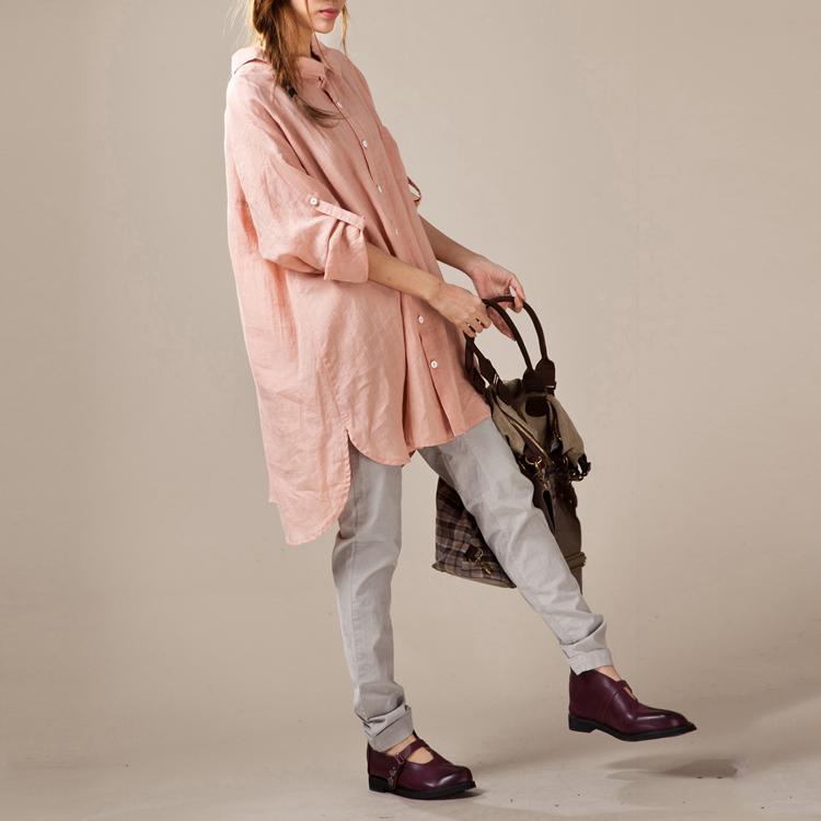 Nude pink buttons back linen dresses oversize linen blouses long sleeve linen shirts - Omychic
