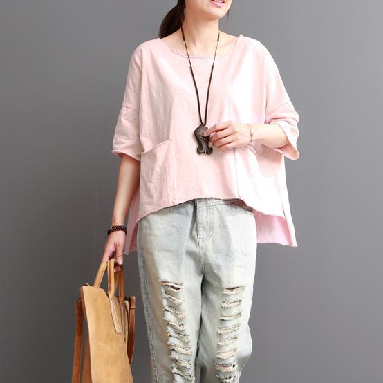 Nude pink cotton top short oversize blouse women shirt - Omychic
