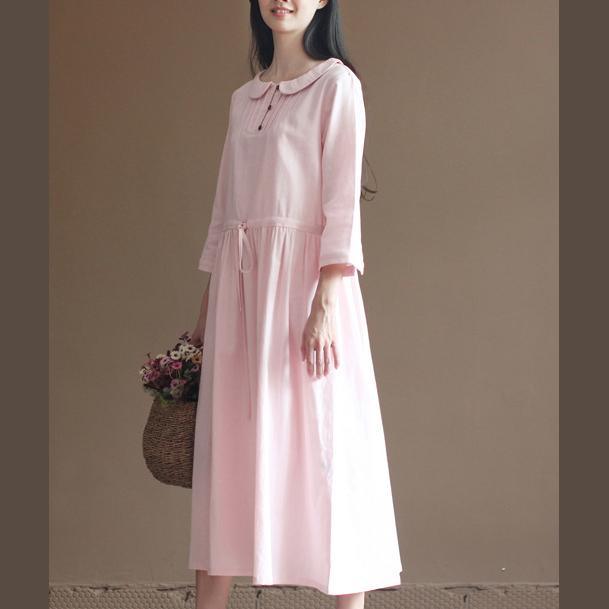 Nude pink drawstring waist pleated linen dress plus size cotton dresses - Omychic