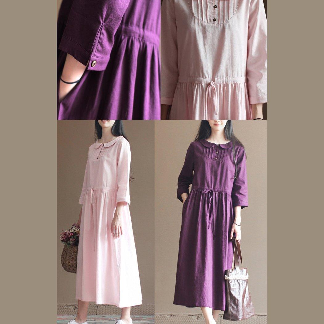 Nude pink drawstring waist pleated linen dress plus size cotton dresses - Omychic