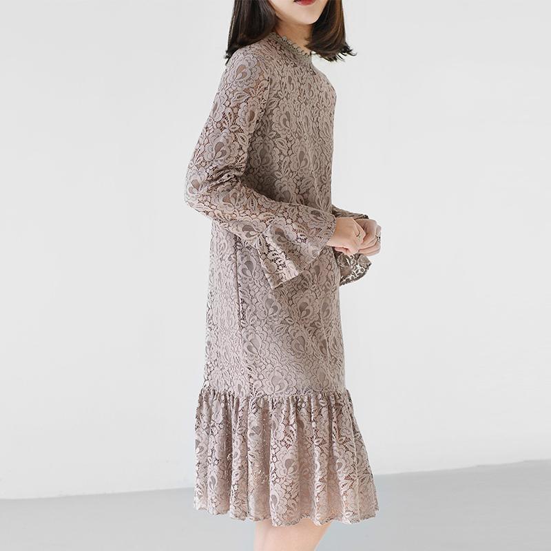 Nude pink lace dress spring long sleeve casual style lace clothing two pieces - Omychic