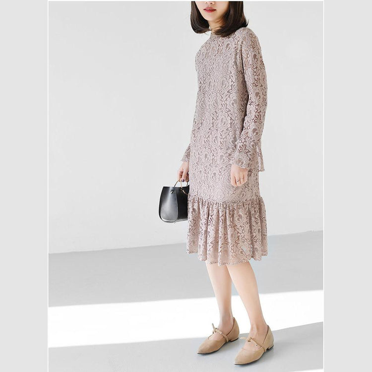 Nude pink lace dress spring long sleeve casual style lace clothing two pieces - Omychic