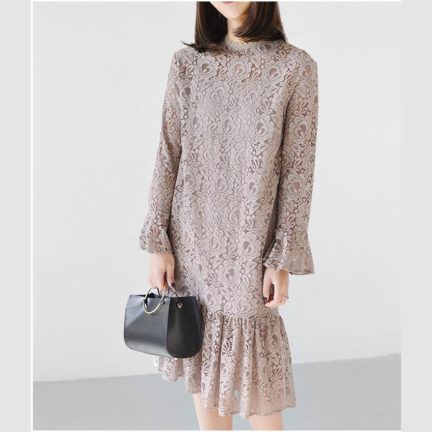 Nude pink lace dress spring long sleeve casual style lace clothing two pieces - Omychic