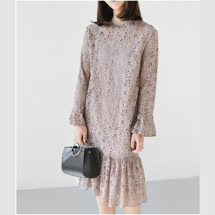 Nude pink lace dress spring long sleeve casual style lace clothing two pieces - Omychic