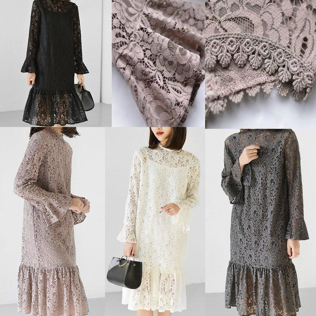 Nude pink lace dress spring long sleeve casual style lace clothing two pieces - Omychic