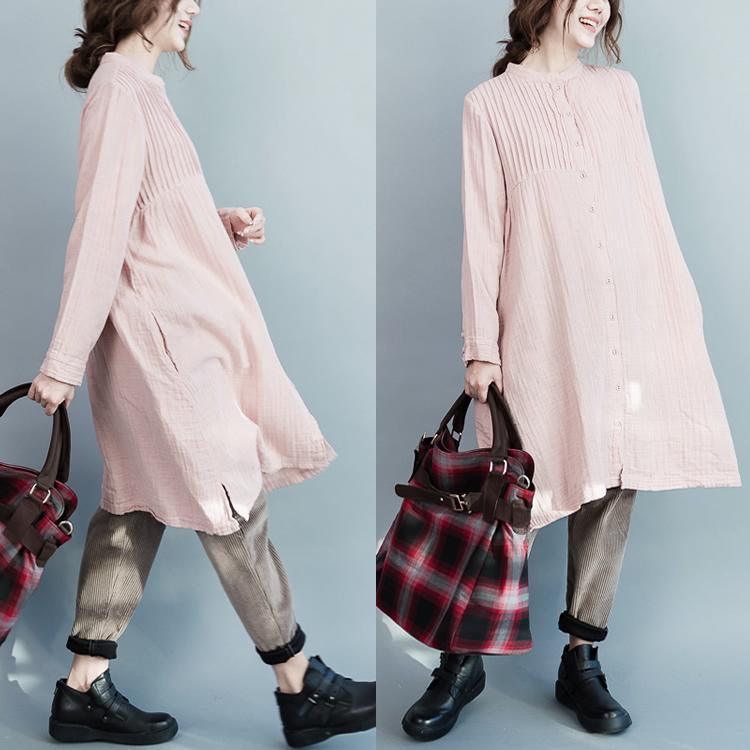 Nude pink pleated oversize cotton dresses long sleeve maternity dress womens shirts - Omychic