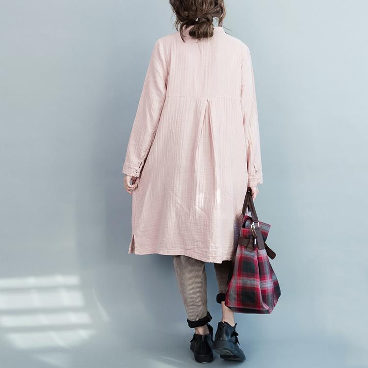 Nude pink pleated oversize cotton dresses long sleeve maternity dress womens shirts - Omychic