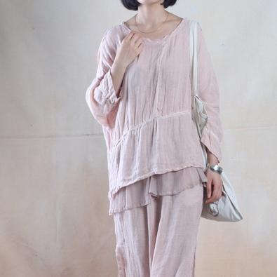 Nude pink plus size women silk blouse linen top loose summer shirt - Omychic