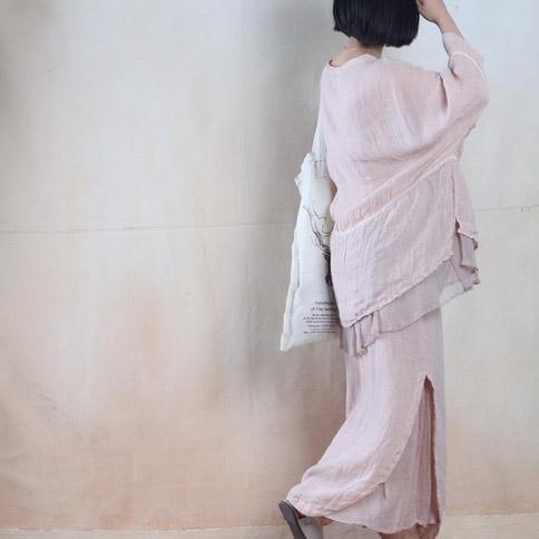 Nude pink plus size women silk blouse linen top loose summer shirt - Omychic