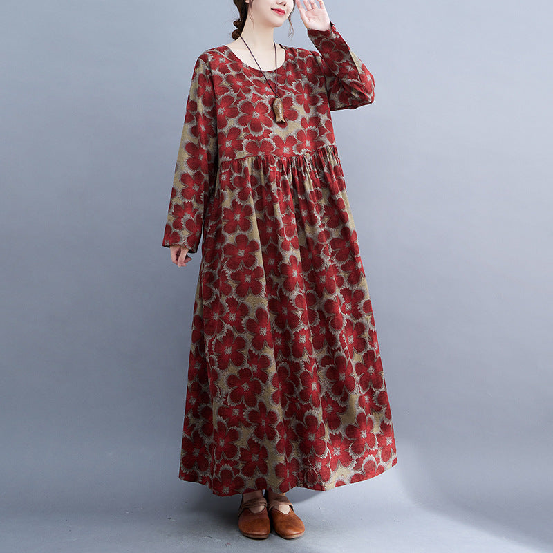 Loose Cotton and Linen Floral Print Dress Long Sleeve