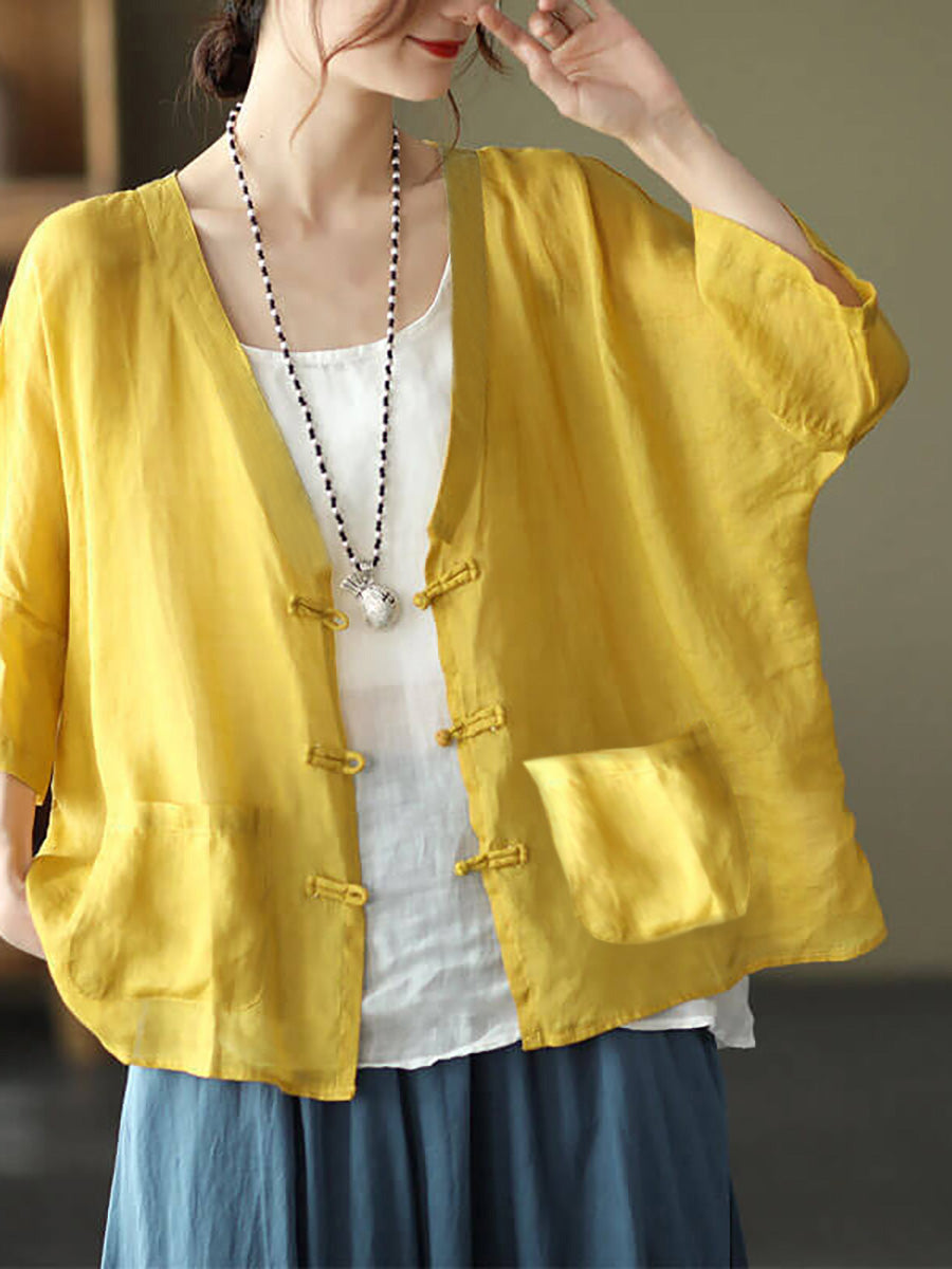 Women Casual Ramie Pocket Vintage Sunscreen Cardigans