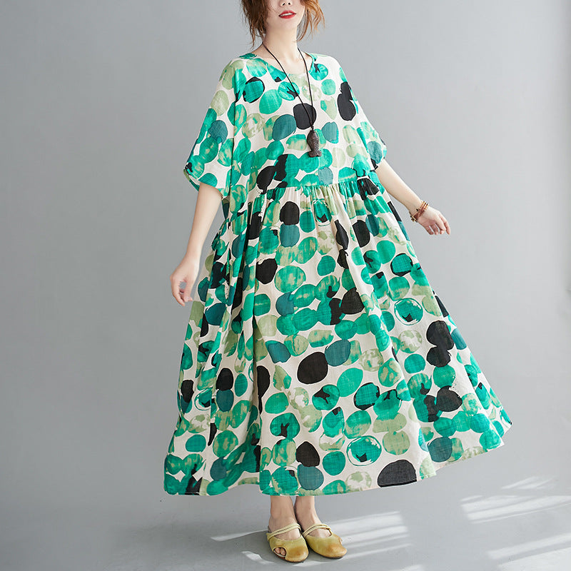 Polka Dot Print Cotton And Linen Dress Summer