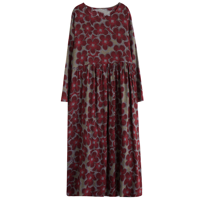 Loose Cotton and Linen Floral Print Dress Long Sleeve