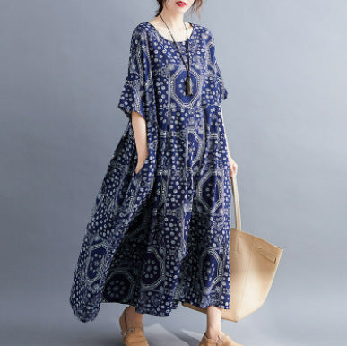 Plus Size Loose Cotton and Linen Print Dress